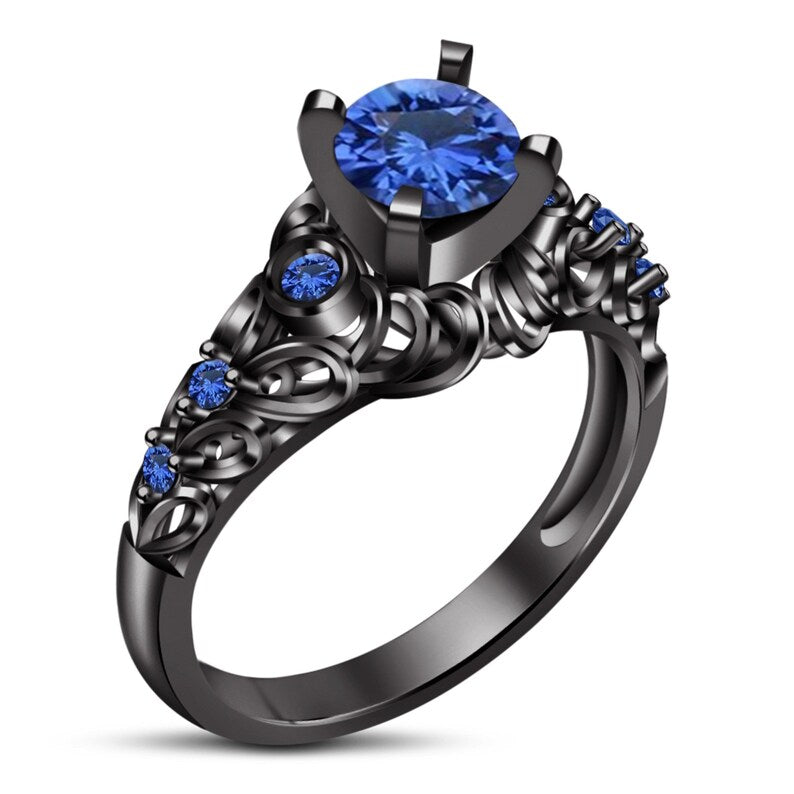 Chic Women's Blue Sapphire Ring, 14K Black Gold Finish Classy Ring, Solid 925 Sterling Silver, Round Cut Engagement Weeding Diamond Ring