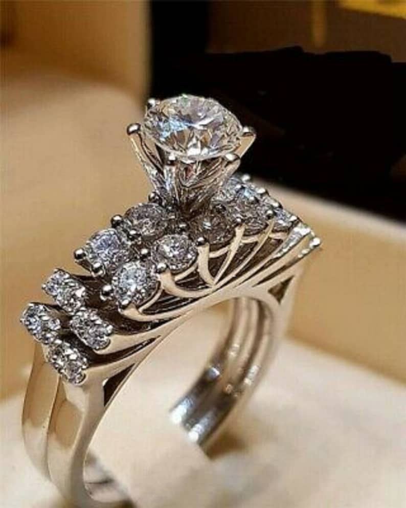 14K White Gold Finish 2.20CT Brilliant Round Cut Moissanite Diamond Ring For Women Engagement Bridal Ring Set Wedding Band Ring Gift For Her