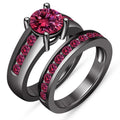 Black Gold Over Round Pink Sapphire Cut Engagement Wedding Band Bridal Ring Set