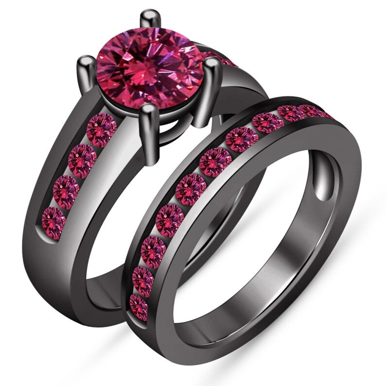 Black Gold Over Round Pink Sapphire Cut Engagement Wedding Band Bridal Ring Set