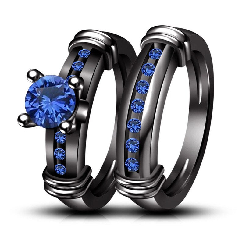 925 Sterling Silver Black Gold Plated Blue Sapphire Engagement Bridal Set