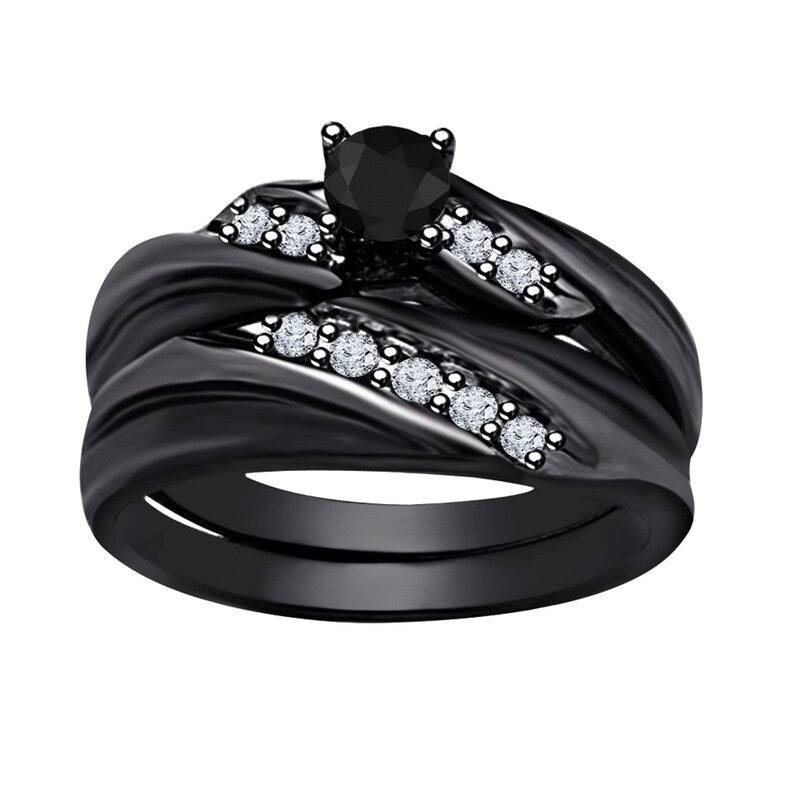 14K Black Gold Finish, Round Cut Black Diamond Engagement Ring For Men's & Women Wedding Band Ring  925 Sterling Silver Elegant Bridal Ring
