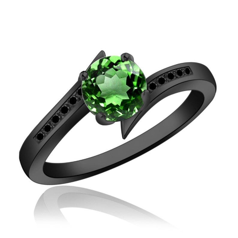 1.00 ct Emerald & Black Diamond Engagement Bypass Ring in Black Gold Plated