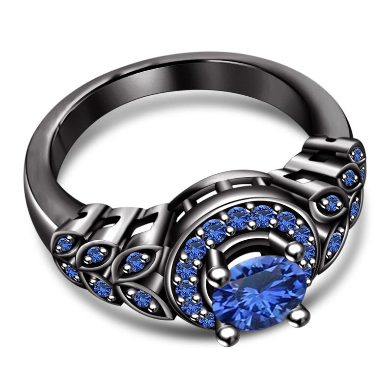 Brilliant Round Cut Blue Sapphire Engagement Diamond Ring For Women Bridal Wedding Band Ring 14k Black Gold Finish, 925 Sterling Sliver