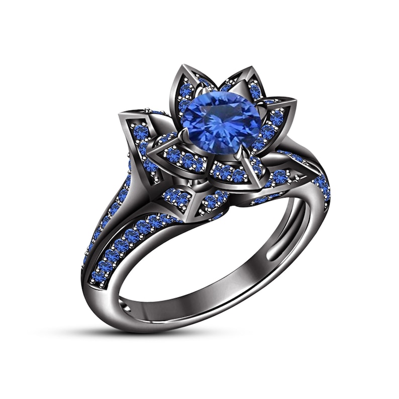 New 925 Sterling Silver Black Gold Finish Blue Sapphire Engagement Lotus Ring, Flower Ring, Best Gift For Ladies