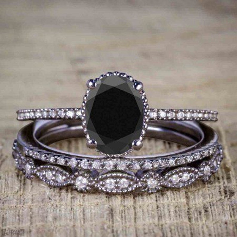 Women's Wedding Band Ring Set, Best Bridal Ring Set, 14K White Gold Finish Most Selling Ring, Oval Cut Black Diamond Engagement Ring