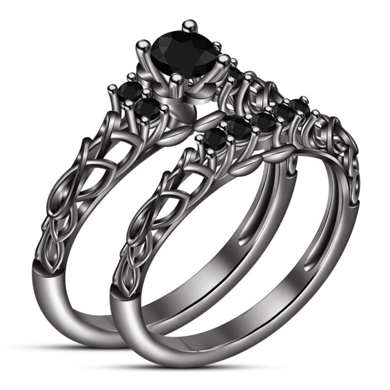 Women's Black Diamond Ring Engagement Band Ring, 14K Black Gold Finish 925 Sterling Solid Silver Wedding Ring, Bridal Ring Set, Promise Ring