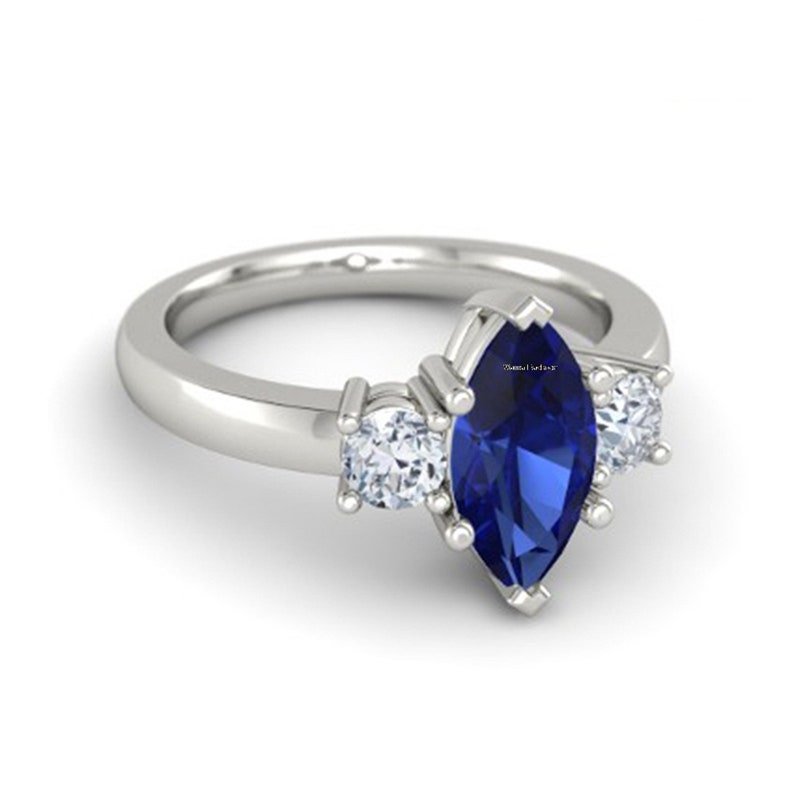 Marquise Shape Blue Sapphire Promise Ring For Her/  White Gold Fn Sterling Silver 3 Stone Women's Wedding Ring/ Blue Sapphire Bridal Ring