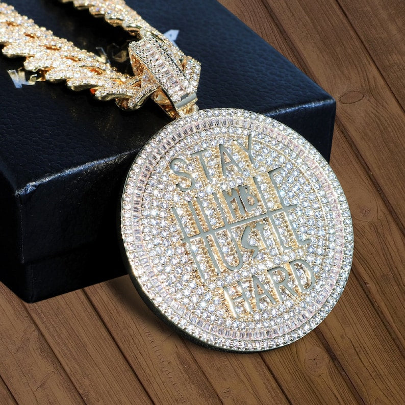 Hip Hop Pendant — "Stay Humble Hustle Hard" Charm Pendant, Yellow Gold Finish, 925 Sterling Silver