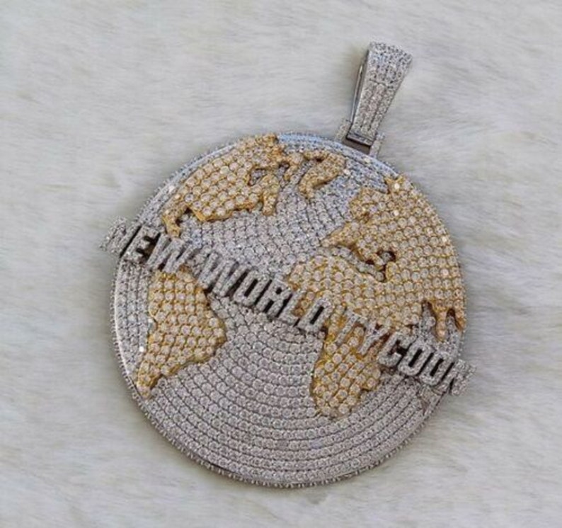 Hip Hop Pendant — World Map Medallion Pendant, Yellow Gold Finish, 925 Sterling Silver