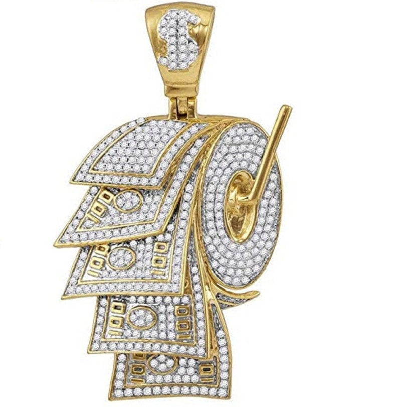 Hip Hop Pendant — Money Dollar on Toilet Paper Roll Pendant, Yellow Gold Finish, 925 Sterling Silver