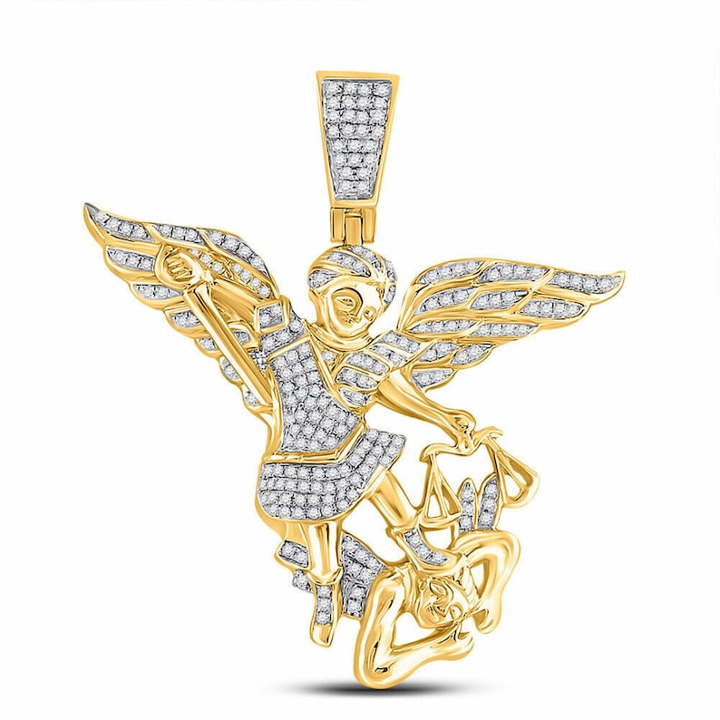 Hip Hop Pendant — Saint Michael Angel Pendant, Yellow Gold Finish, 925 Sterling Silver
