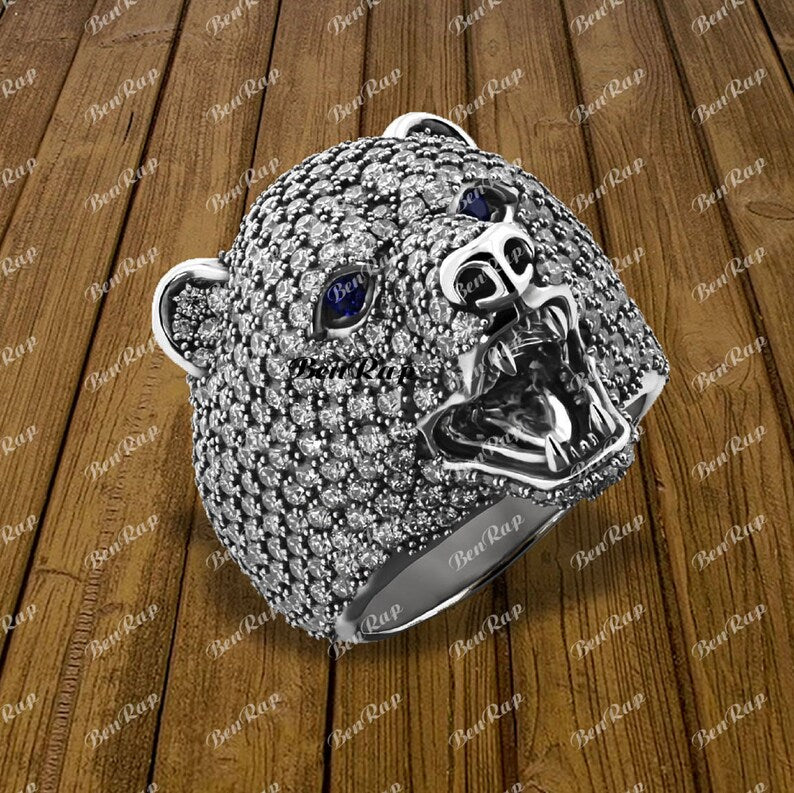 Men's Ring — Bear Head Design, Yellow Gold Finish, 925 Sterling Silver
