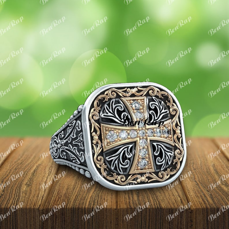 Men's Ring — Iced Out Gothic Cross Biker Band, White Gold Finish, 925 Sterling Silver