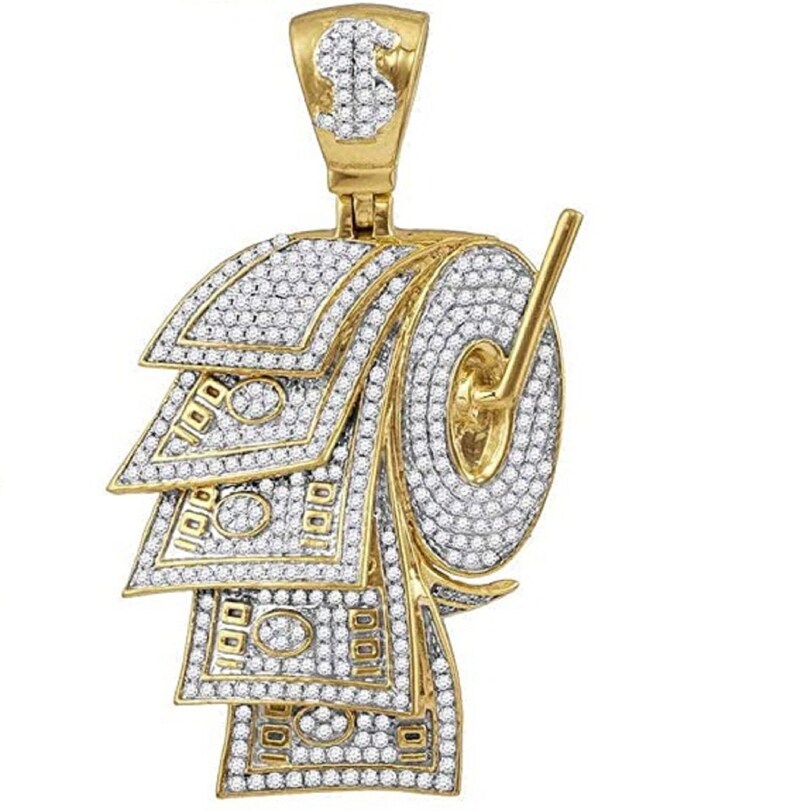 Hip Hop Pendant — Money Dollar on Toilet Paper Roll Pendant, Yellow Gold Finish, 925 Sterling Silver