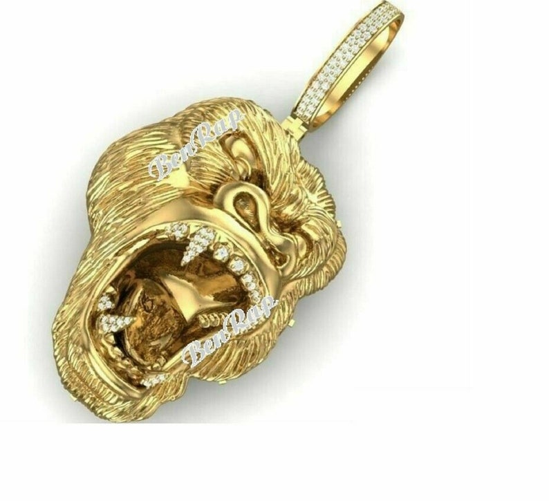 Hip Hop Pendant — Roaring Gorilla Head, Yellow Gold Finish, 925 Sterling Silver