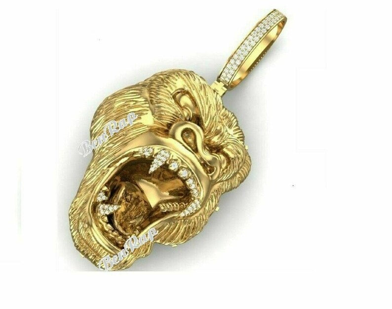 Hip Hop Pendant — Roaring Gorilla Head, Yellow Gold Finish, 925 Sterling Silver