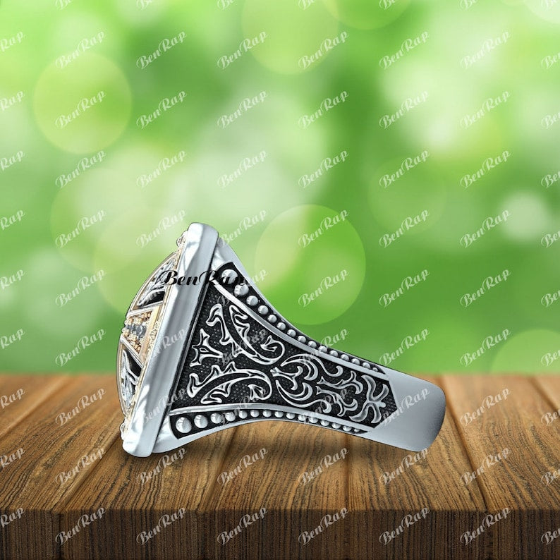 Men's Ring — Iced Out Gothic Cross Biker Band, White Gold Finish, 925 Sterling Silver