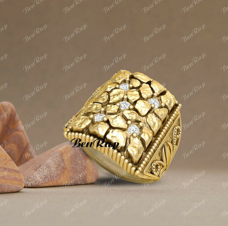 Men's Ring — Nugget Band Diamond Accent, Yellow Gold Finish, 925 Sterling Silver