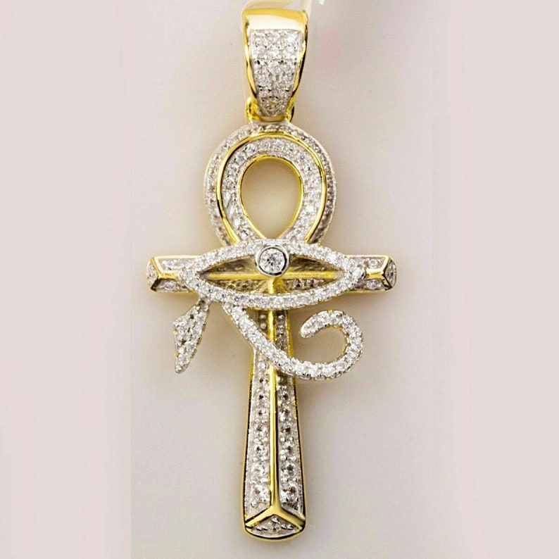 Hip Hop Pendant — Evil Eye Ankh Cross Pendant, Yellow Gold Finish, 925 Sterling Silver