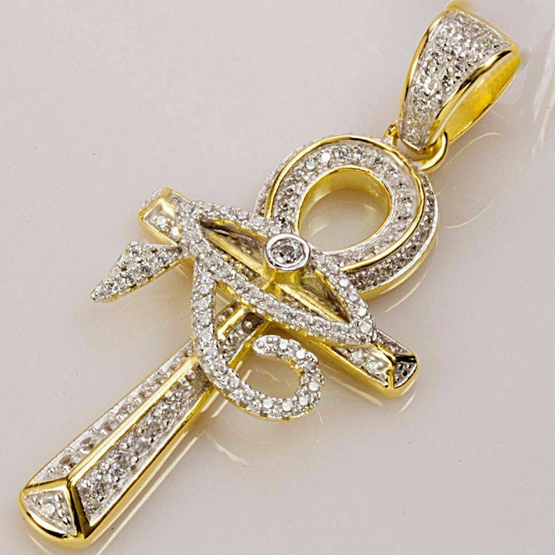 Hip Hop Pendant — Evil Eye Ankh Cross Pendant, Yellow Gold Finish, 925 Sterling Silver