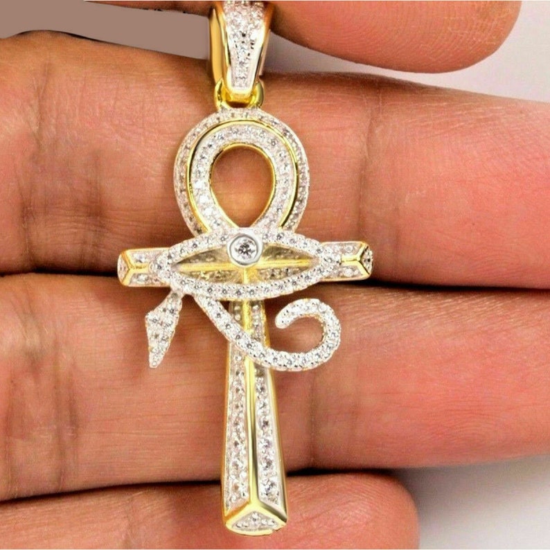 Hip Hop Pendant — Evil Eye Ankh Cross Pendant, Yellow Gold Finish, 925 Sterling Silver