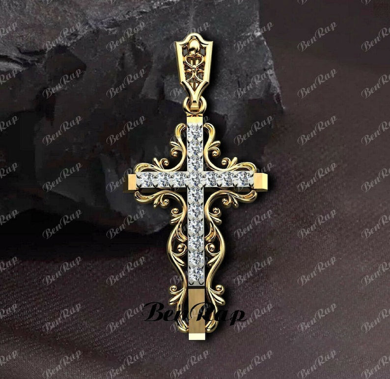 Hip Hop Pendant — Christian Cross Pendant, White Gold Finish, 925 Sterling Silver