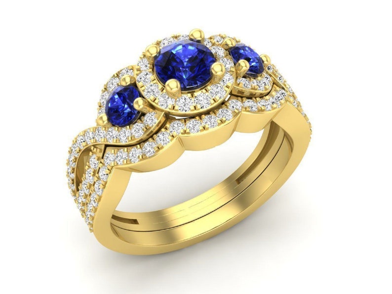 Bridal Ring Set — Blue Sapphire Vintage Style, Yellow Gold Finish, 925 Sterling Silver (2-Piece)