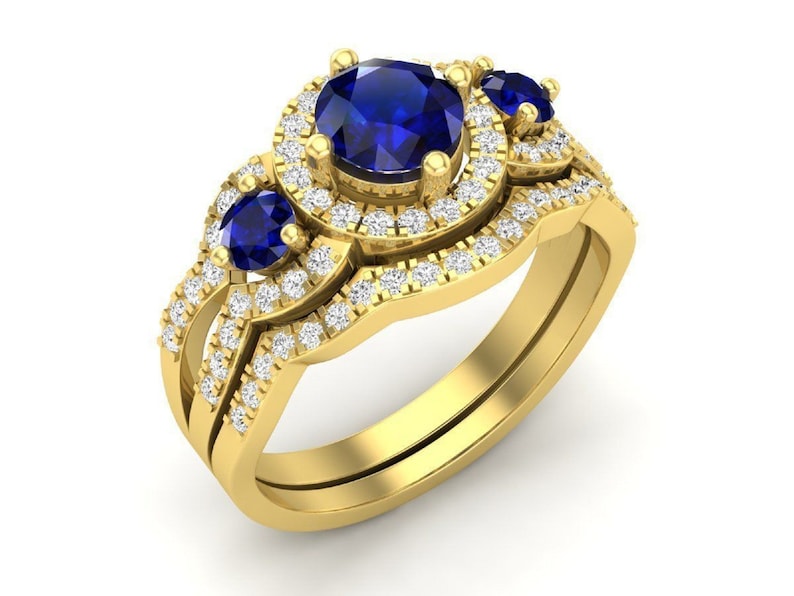 Bridal Ring Set — Blue Sapphire Vintage Style, Yellow Gold Finish, 925 Sterling Silver (2-Piece)