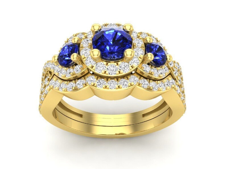 Bridal Ring Set — Blue Sapphire Vintage Style, Yellow Gold Finish, 925 Sterling Silver (2-Piece)