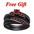 Women Bridal Set, 14K Black Gold Finish Engagement Ring, Classic Round Cut Red Garnet Diamond, Fancy Band Wedding Ring With Free gift