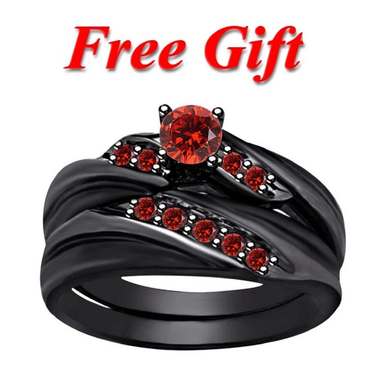 Women Bridal Set, 14K Black Gold Finish Engagement Ring, Classic Round Cut Red Garnet Diamond, Fancy Band Wedding Ring With Free gift
