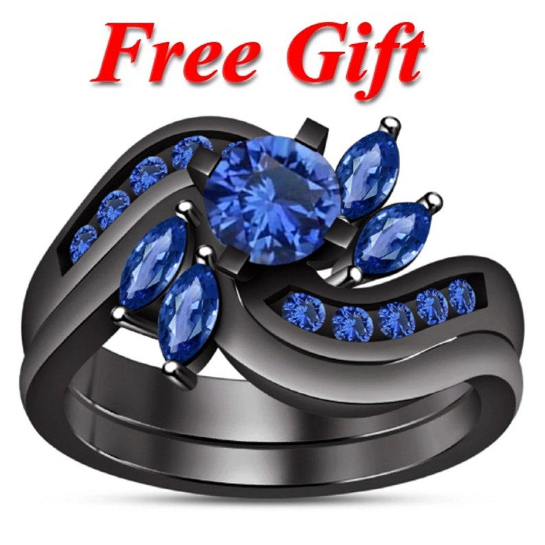 Delicate leaf wedding women Bridal Promise Anniversary Gift, Blue Sapphire Diamond 14k Black Gold Finish Women Engagement Wedding Ring Set