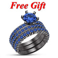 Solitaire Trio Ring Set for Her/ 925 Silver September Birth Stone Women's Ring/ Round Blue Sapphire Black Gold Finish Ladies Ring/ Free Gift