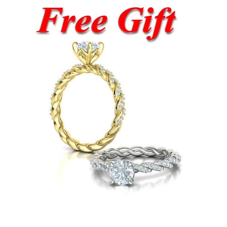 Engagement Ring — Twisted Rope Solitaire Moissanite, Yellow Gold Finish, 925 Sterling Silver