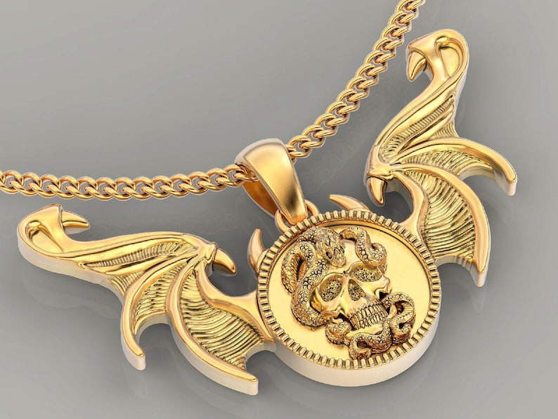 Hip Hop Pendant — Skull & Snake Pendant, Yellow Gold Finish, 925 Sterling Silver