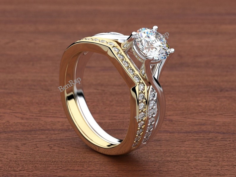 14K Yellow Gold & White Gold Finish Elegant Ring For Women, 2 Tone Engagement Promise Ring, Moissanite Wedding Ring