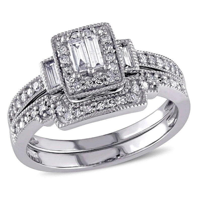 1.50Ct Baguettes Simulated Diamond Engagement Wedding Bridal Ring Set 14K White Gold Plated Ring Size 5 - 13