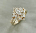 Unique Diamond Engagement Ring Wedding Ring Set For Women, 14K Yellow Gold Over Bridal Ring Set, Marquise Cut Moissanite Ring- Chevron Band
