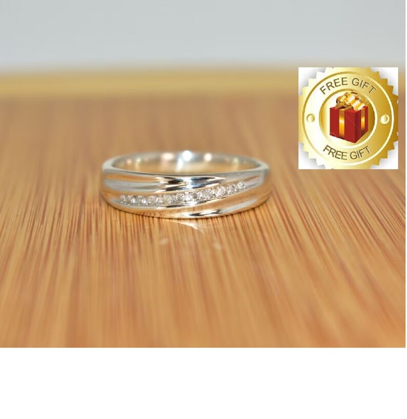 Engagement Wedding Band Ring for Men, 14K White Gold Plated Round Cut Moissanite Ring, Free Solitaire Unisex Earring, Christmas Gift