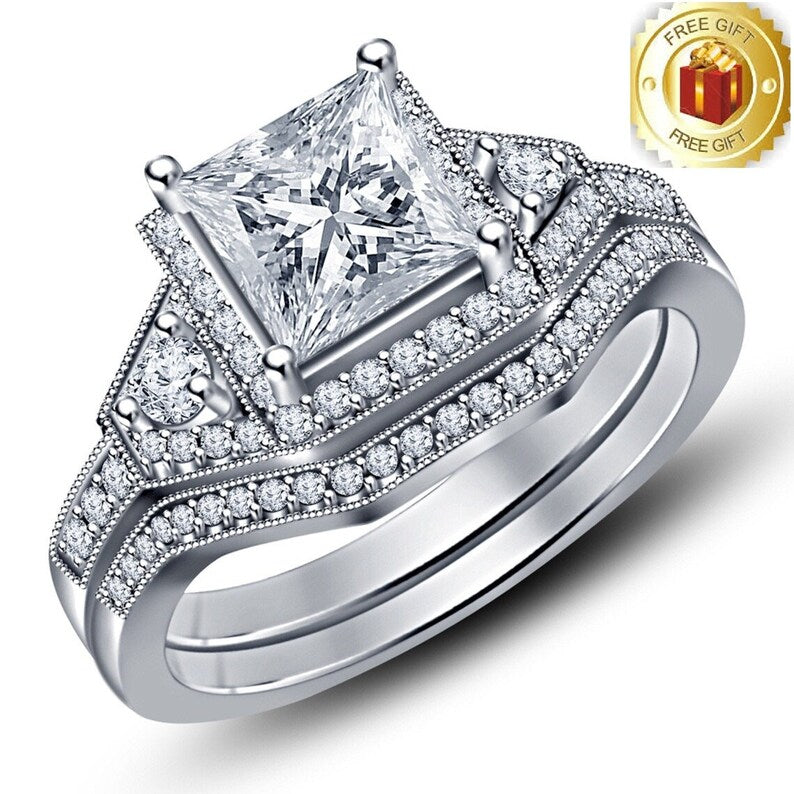 2CT Princess-Cut Diamond Halo Engagement Ring 14k White Gold Finish 925 Sterling Silver, Women Wedding Bridal Band Ring Set, With Free Gift