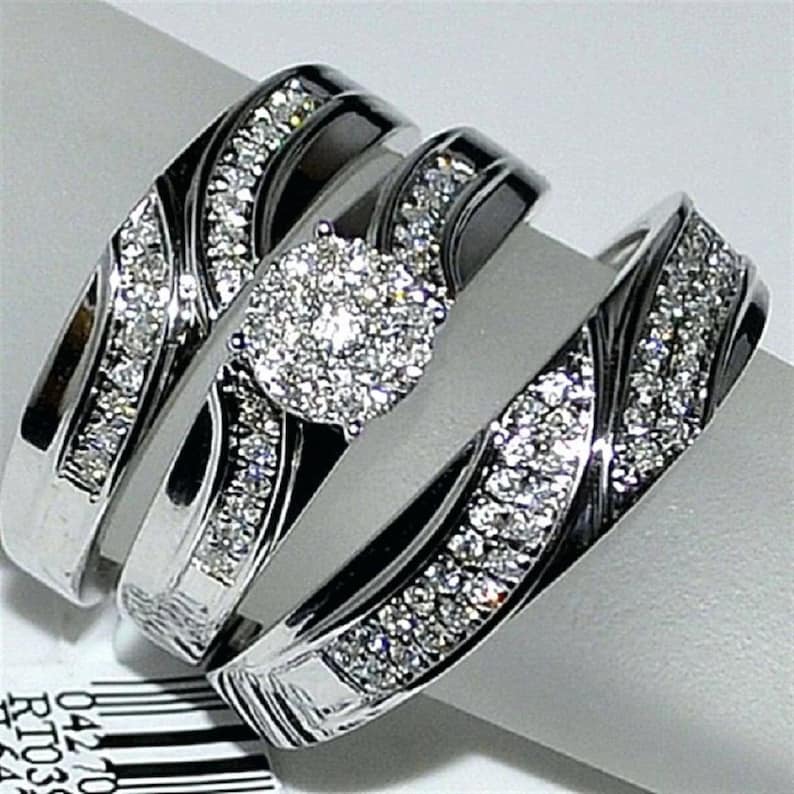 Bridal Trio Ring Set — Simulated Diamond, Yellow Gold Finish, 925 Sterling Silver (3-Piece) - view 3