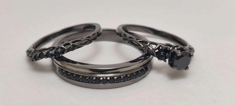 Bridal Trio Ring Set - Classic Black Diamond, Black Gold Finish - view 2