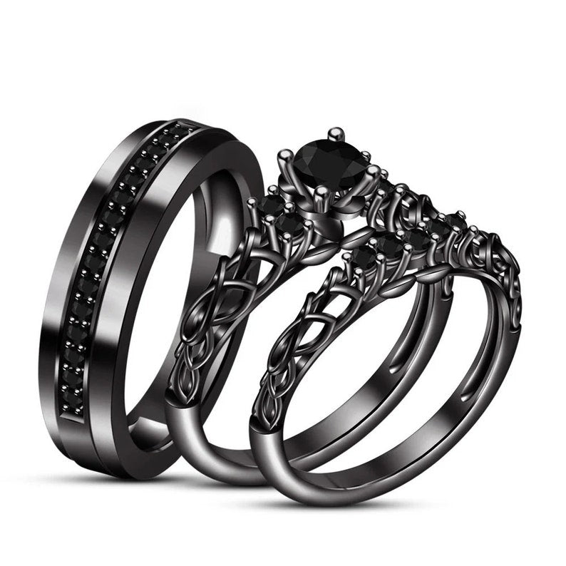 Bridal Trio Ring Set - Classic Black Diamond, Black Gold Finish - view 1