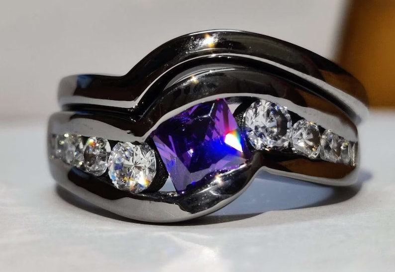 Bridal Ring Set — Princess Cut Purple Amethyst, Black Gold Finish, 925 Sterling Silver (2-Piece)