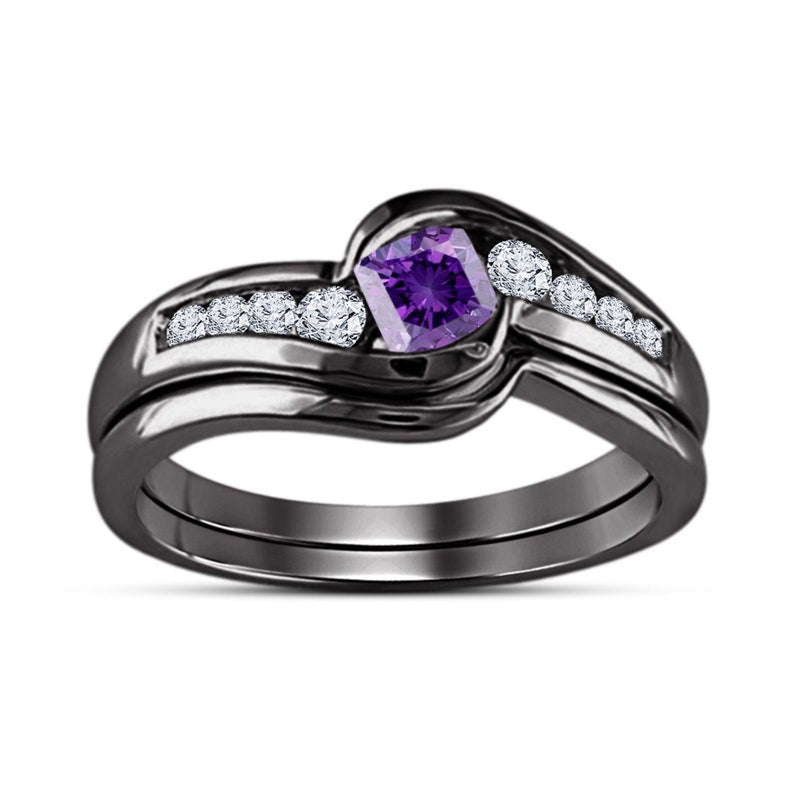 Bridal Ring Set — Princess Cut Purple Amethyst, Black Gold Finish, 925 Sterling Silver (2-Piece)