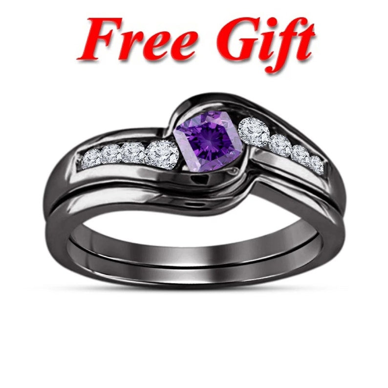 Bridal Ring Set — Princess Cut Purple Amethyst, Black Gold Finish, 925 Sterling Silver (2-Piece)