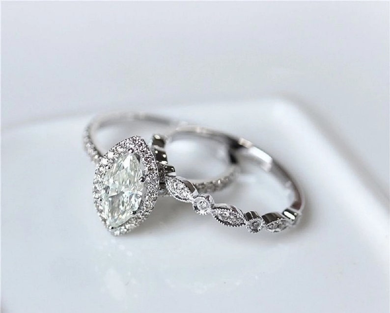 Bridal Ring Set — Marquise Halo Diamond, White Gold Finish, 925 Sterling Silver (2-Piece)