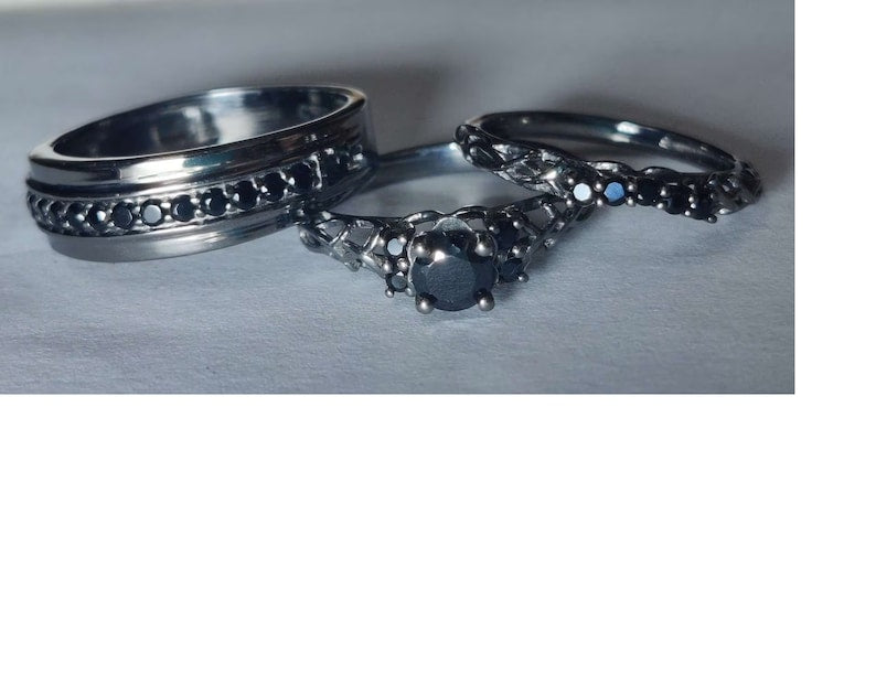 Bridal Trio Ring Set - Classic Black Diamond, Black Gold Finish - view 3