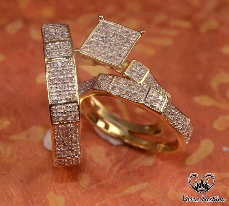 Bridal Trio Ring Set — Round Cut Moissanite, Yellow Gold Finish - view 1